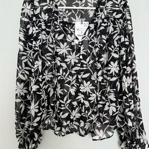 Zara Black and White Floral Blouse